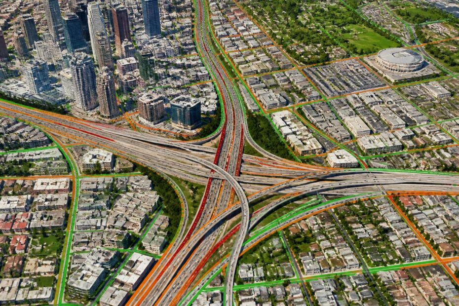 analyse détaillée du trafic urbain à los angeles à travers google maps, offrant des insights sur les embouteillages, itinéraires et conditions de circulation en temps réel.